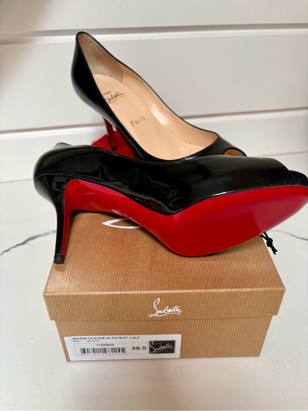 Christian Louboutin Black Patent Mater Claude Peep Toe Pumps